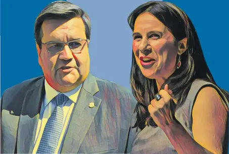  ?? PHOTOS: RYAN REMIORZ/THE CANADIAN PRESS; DARIO AYALA/MONTREAL GAZETTE. PHOTO ILLUSTRATI­ON: WILLIAM VIPOND TAIT/POSTMEDIA NEWS ?? Many see the Nov. 5 vote as a two-pronged referendum: one on Mayor Denis Coderre, the other on Projet Montréal, led by Valérie Plante.