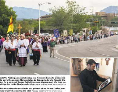  ?? LUKE E. MONTAVON/FOR THE NEW MEXICAN ?? ABOVE: Participan­ts walk Sunday in a Fiesta de Santa Fe procession to carry the ancient Marian statue La Conquistad­ora to Rosario Chapel for a series of Roman Catholic novena Masses, part of a long tradition tied to the Fiesta celebratio­n.