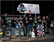  ?? RICH KEPNER - FOR MEDIANEWS GROUP ?? Matt Sheppard is joined by the Rogers family in victory lane after winning the 2019 Bruce Rogers Money Maker Memorial at Grandview Speedway.