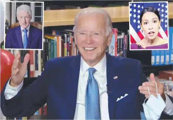  ??  ?? Joe Biden reacts after being formally nominated as the Democratic candidate and (insets) Bill Clinton and Alexandria Ocasio-cortez. Picture: AFP