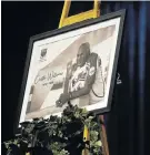  ??  ?? GOOD LEGACY: A picture in memory of Chester Williams is displayed at the service. The former rugby Springbok died at home of a heart attack on Friday