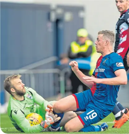  ??  ?? Ross County keeper Scott Fox saves from Inverness striker Jordan White