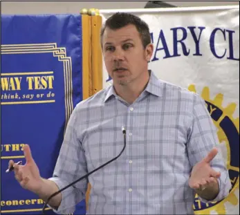  ?? Staff photo/Corey Maxwell ?? Jason Monfort, owner of several area McDonald’s, speaks to members of the New Bremen New Knoxville Rotary Club Tuesday morning at Speedway Lanes in New Bremen.