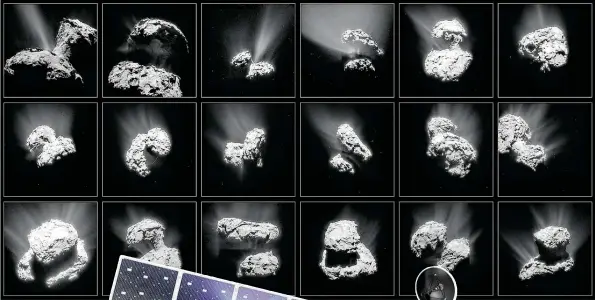  ?? BILDER: ES; ?? Komet von allen Seiten: „Tschuri“, wurde von der Raumsonde „Rosetta“ausgiebig fotografie­rt und untersucht.