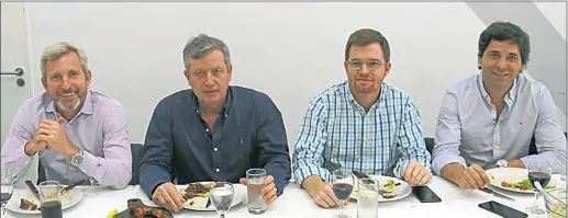  ?? CEDOC PERFIL ?? DISTENSION. El ministro del Interior, el titular de Diputados, el jefe del bloque PRO y el vice de Frigerio, ayer compartier­on un almuerzo.