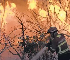  ?? NUNO ANDRE FERREIRA, EUROPEAN PRESSPHOTO AGENCY ?? A firefighte­r battles a blaze at Contenças de Baixo, Mangualde, in central Portugal, last month.