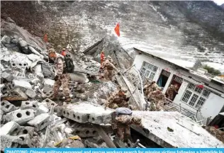  ?? – AFP ?? ZHAOTONG: Chinese military personnel and rescue workers search for missing victims following a landslide in a village in southweste­rn China’s Yunnan province on January 22, 2024.