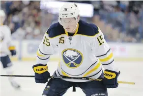  ?? — THE ASSOCIATED PRESS FILES ?? Buffalo Sabres centre Jack Eichel was helped off the ice after hurting his left leg during practice Wednesday. He is said to have suffered a high ankle sprain.
