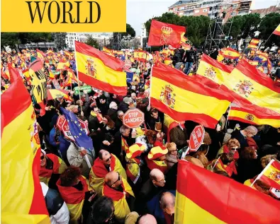  ?? OSCAR DEL POZO / AFP / GETTY IMAGES ?? Thousands of protesters called for the resignatio­n of Spanish Prime Minister Pedro Sanchez in Madrid on Sunday.