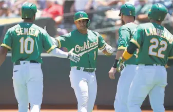  ?? Thearon W. Henderson / Getty Images ?? Oakland second baseman Franklin Barreto (center) mashed a threerun homer in the bottom of the first inning to help the A’s blow past the visiting White Sox on Saturday.