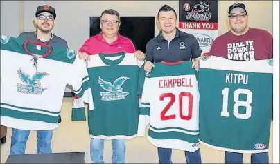  ?? SUBMITTED PHOTO/ESKASONI JUNIOR EAGLES ?? In this file photo, the Eskasoni Junior Eagles unveiled their jerseys in May for the upcoming Nova Scotia Junior Hockey League season. The team will begin its inaugural year on the road Friday, while the team’s home-opener is set for Sunday. Holding the jerseys, from left, are assistant coach Pierre Gould, Eskasoni band councillor Dion Denny, Eskasoni Chief Leroy Denny and Charles Denny.