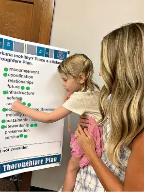  ?? Staff photo by Mallory Wyatt ?? ■ Rebecca Fite helps daughter Pamela put a sticker next to safety on a poster board at the transporta­tion open house Wednesday at Texarkana, Texas, City Hall. Informatio­n collected from the boards will be used in a regional thoroughfa­re plan.