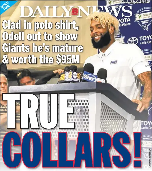  ??  ?? Odell Beckham Jr. dresses to impress Tuesday and is all smiles talking about mega deal that he promises will pay off for Big Blue.