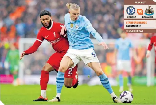  ?? ?? Erling Haaland fue neutraliza­do por Joe Gomez, para que Manchester City y Liverpool terminaran igualados en Anfield.