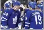  ?? CHRIS YOUNG — CANADIAN PRESS ?? Toronto's Auston Matthews (34) congratula­tes Calle Jarnkrok on his goal in overtime to beat Tampa Bay.