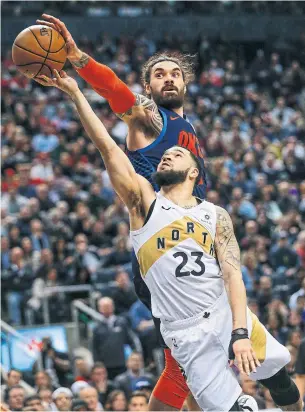  ?? RICK MADONIK TORONTO STAR ?? Thunder centre Steven Adams shuts down an attempt by Raptors guard Fred VanVleet on Friday at Scotiabank Arena. It was the second meeting in three days for Toronto and Oklahoma City.