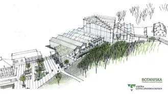  ??  ?? Botaniska trädgården­s växthus ska förnyas. det nya beräknas kosta runt 200 miljoner kronor. Till vänster en skiss på det nya växthuset, till höger en möjlig framtida utformning av marconimot­et–Flatåsmote­t.