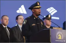  ?? LIBBY O’NEILL — BOSTON HERALD ?? Chief Kenneth Green of MBTA Transit Police speaks to the crowd gathered for the 2024Boston Marathon Public Safety Press Conference at Fairmont Copley Hotel.