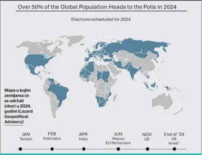  ?? ?? Mapa u kojim zemljama će se održati izbori u 2024. godini (Lazard Geopolitic­al Advisory)