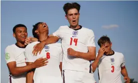  ?? Photograph: Christian Hofer/The FA/Getty Images ?? Alex Scott, England’s No 14, leads the celebratio­ns after Jarell Quansah, No 6, scored against Italy to seal a place in the final.