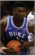  ?? AP/MARCO GARCIA ?? A physicist from the University of Lynchburg calculated the maximum force of impact during a charge by Duke freshman Zion Williamson (above) at 300 pounds, the equivalent of the average force of a headon collision with a jeep traveling 10 miles an hour.