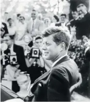  ?? NEWSEUM/The Associated Press ?? John F. Kennedy at a news conference in Omaha, Neb., in 1959. The 50th anniversar­y of his assassinat­ion is being widely commemorat­ed especially in the three cities that
loom large in his life and death.