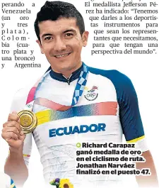  ??  ?? Richard Carapaz ganó medalla de oro en el ciclismo de ruta. Jonathan Narváez finalizó en el puesto 47.