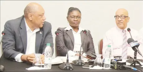  ?? (Terrence Thompson photo) ?? From left are Minister of Natural Resources Raphael Trotman, General Manager of the Guyana Gold Board Eondrene Thompson and Chairman of the Board GHK Lall at yesterday’s press conference.