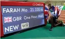  ??  ?? Mo Farah broke the hour record by 45 metres at the Diamond League meeting in Brussels. Photograph: François Lenoir/Reuters