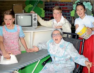  ??  ?? The family in the South Canterbury Drama League’s Carol and the Belles, which has five shows on this weekend at the Playhouse. From left, Alice Claridge (Mum), Ka’Sabiah Anisy Oudemans (Grandma), Alex Sugrue (Dad) and Nakeisha Austin (company reader).