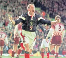  ??  ?? Kevin Gallacher celebrates after sealing the win over Latvia to book a place at France 98.
