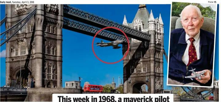  ??  ?? Inches to spare: How the daring flight under Tower Bridge might have looked. Inset: Alan Pollock today