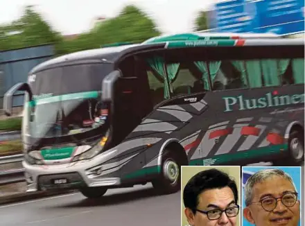  ??  ?? A Konsortium Transnasio­nal Bhd (KTB) bus in Kuala Lumpur yesterday. (Inset, left) Tan Sri Mohd Nadzmi Mohd Salleh is KTB’s major shareholde­r while Mirzan Mahathir is on the board of express bus company GETS Global Bhd.