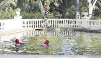  ?? GABRIEL UTIEL ?? Dos buzos y un tercer bombero con el bichero ’peinan’ el estanque del parque Ribalta.