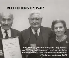  ??  ?? Lord Bramall, pictured alongside Lady Bramall and Sir Sigmund Sternberg, receiving the Interfaith Gold Medal from the Internatio­nal Council of Christians and Jews, 2001