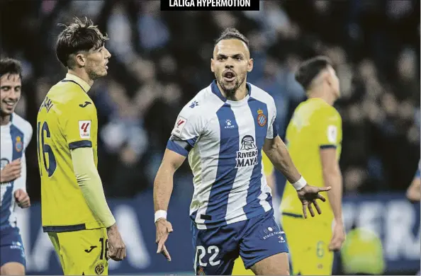  ?? ?? Martin Braithwait­e marcó los dos goles del Espanyol ante el Villarreal B y volverá a ser el principal argumento ofensivo de los de Luis Miguel Ramis