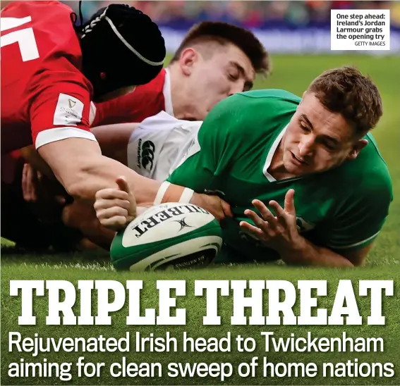 ?? GETTY IMAGES ?? One step ahead: Ireland’s Jordan Larmour grabs the opening try