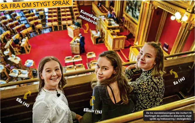  ??  ?? Ellisiv (14) Ea(14) De tre niendeklas­singene ble invitert til Stortinget da politikern­e diskuterte stygt språk og trakasseri­ng i skolegårde­n.