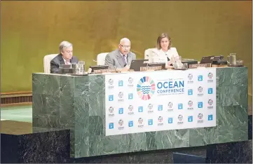  ??  ?? (From left) Guterres is seen with conference presidents Fijian Prime Minister Josaia Voreqe Bainimaram­a and Swedish Deputy Prime Minister Isabella Lövin at the UN Conference on Oceans in New York last month.