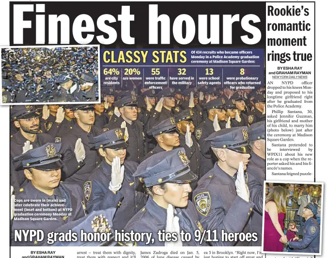  ??  ?? Cops are sworn in (main) and later celebrate their achievemen­t (inset and bottom) at NYPD graduation ceremony Monday at Madison Square Garden. are city residents are women were traffic enforcemen­t officers Of 434 recruits who became officers Monday in...