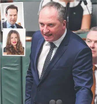  ??  ?? Barnaby Joyce yesterday and, inset, Resources Minister Matt Canavan and Joyce’s pregnant girlfriend and former staffer Vikki Campion.