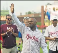  ?? BEN HASTY – MEDIANEWS GROUP ?? Jimmy Rollins waves to the crowd at Reading’s FirstEnerg­y Stadium Tuesday after his Hall of Fame Ceremony. Rollins, a Reading alum, was inducted into the Baseballto­wn Hall of Fame before the start of a Double-A game between the Fightin Phils and the Hartford Yard Goats.