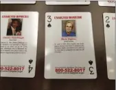  ??  ?? Playing cards featuring unsolved and unidentifi­ed homicides or missing person cases are displayed at Oklahoma State Bureau of Investigat­ion headquarte­rs in Oklahoma City, Wednesday. AP PHOTO/KEN MILLER