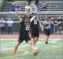  ?? PETE BANNAN — MEDIANEWS GROUP ?? Marple Newtown goalie Jack Welsh celebrates as time runs out in the Tiger’s 10-9victory over Penncrest in the District 1Class 2A championsh­ip game Thursday at Ridley High School.