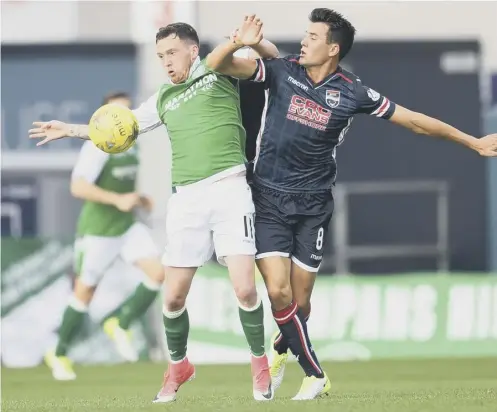  ??  ?? Hibs’ Danny Swanson and Tim Chow of Ross County battle for possession in Dingwall last night.
