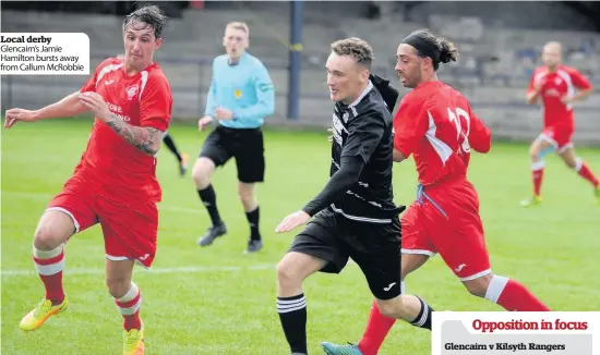  ??  ?? Local derby Glencairn’s Jamie Hamilton bursts away from Callum McRobbie