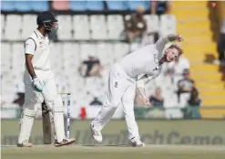  ??  ?? MOHALI: England’s Ben Stokes bowls on the second day of their third cricket Test match against India in Mohali, India, yesterday. — AP