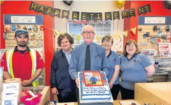  ?? CONTRIBUTE­D ?? William (Billy) Brennick, centre, shows off his retirement cake on his last day at Bras d’Or Post Office on May 29. Over his 43-year career, Brennick has witnessed many changes and said he’ll miss the customers and co-workers. From left, Tyler Leyte, Kathy Edwards, Nancy LeBlanc and Mabel Ivey.