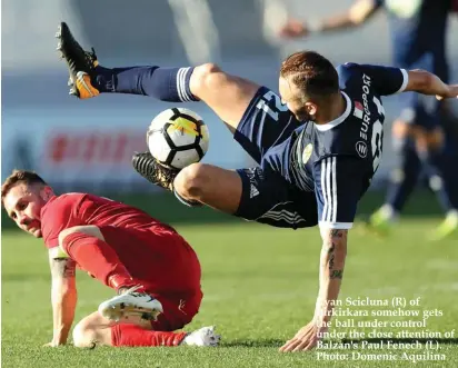  ??  ?? Ryan Scicluna (R) of Birkirkara somehow gets the ball under control under the close attention of Balzan's Paul Fenech (L). Photo: Domenic Aquilina