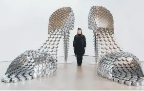  ??  ?? STEP ON IN: From top, Valkyrie Marina Rinaldi, 2014, was inspired by figures from Norse mythology; I’ll be your Mirror, 2018, a mask made using mirrors; Marilyn, 2011, created with stainless steel pans and lids.
